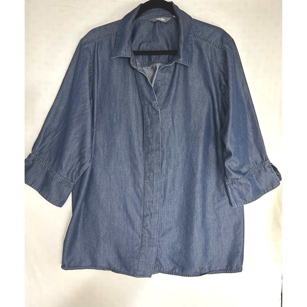 Martha Stewart Women 2X Dark Wash Denim Hidden Button Front 3/4 Sleeve Shirt